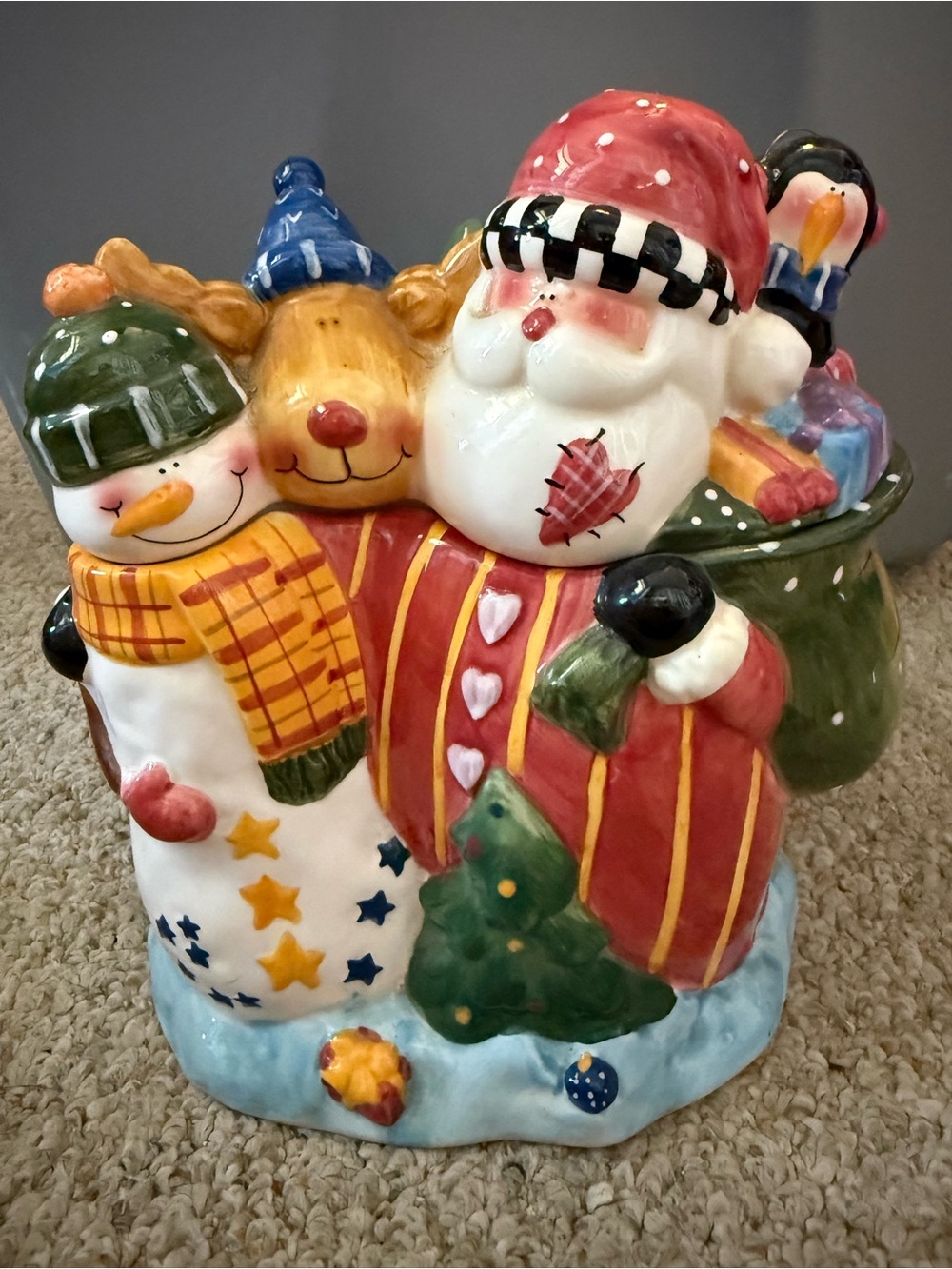 jcpenney Multicharacter Holiday Ceramic Cookie Jar in Red, Green, White, Blue
